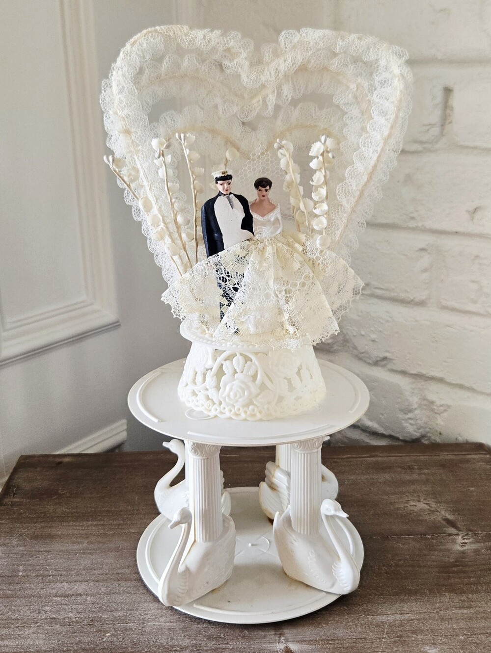 Vtg 1950s Wedding Cake Topper, 2 Part, Couple + Swans, Floral, Heart